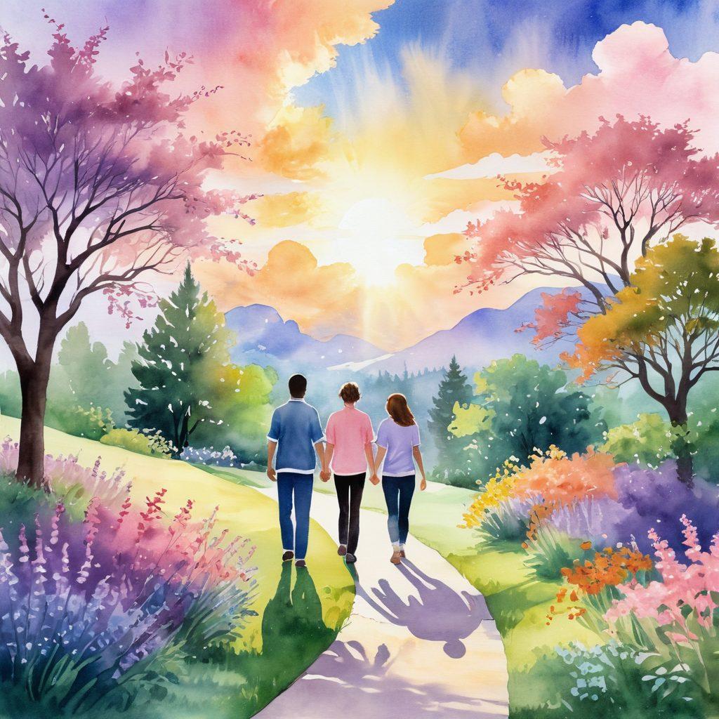 An inspiring scene depicting a gentle sunlight breaking through clouds, illuminating a serene landscape with a winding path leading toward a blooming garden. Along the path, silhouettes of diverse individuals supporting one another—hugging, holding hands, and sharing smiles—symbolizing unity and hope in the cancer journey. Soft, pastel colors enhance the uplifting atmosphere, suggesting warmth and healing. watercolor illustration. vibrant colors.