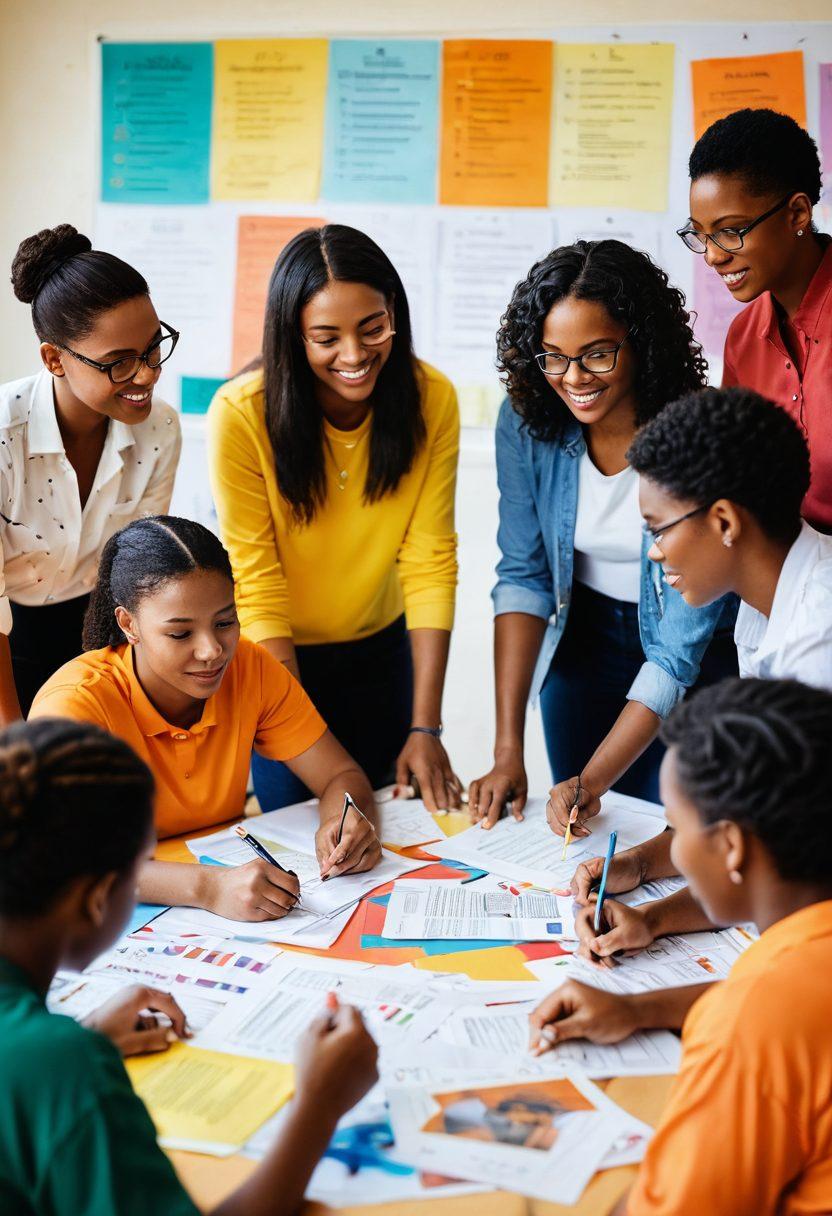 A diverse group of individuals actively engaging in a community workshop, surrounded by educational materials like books and charts. They are sharing knowledge and discussing strategies for personal empowerment through education. Bright, uplifting colors symbolize hope and growth, with a community center backdrop that reflects unity and support. super-realistic. vibrant colors. warm lighting.