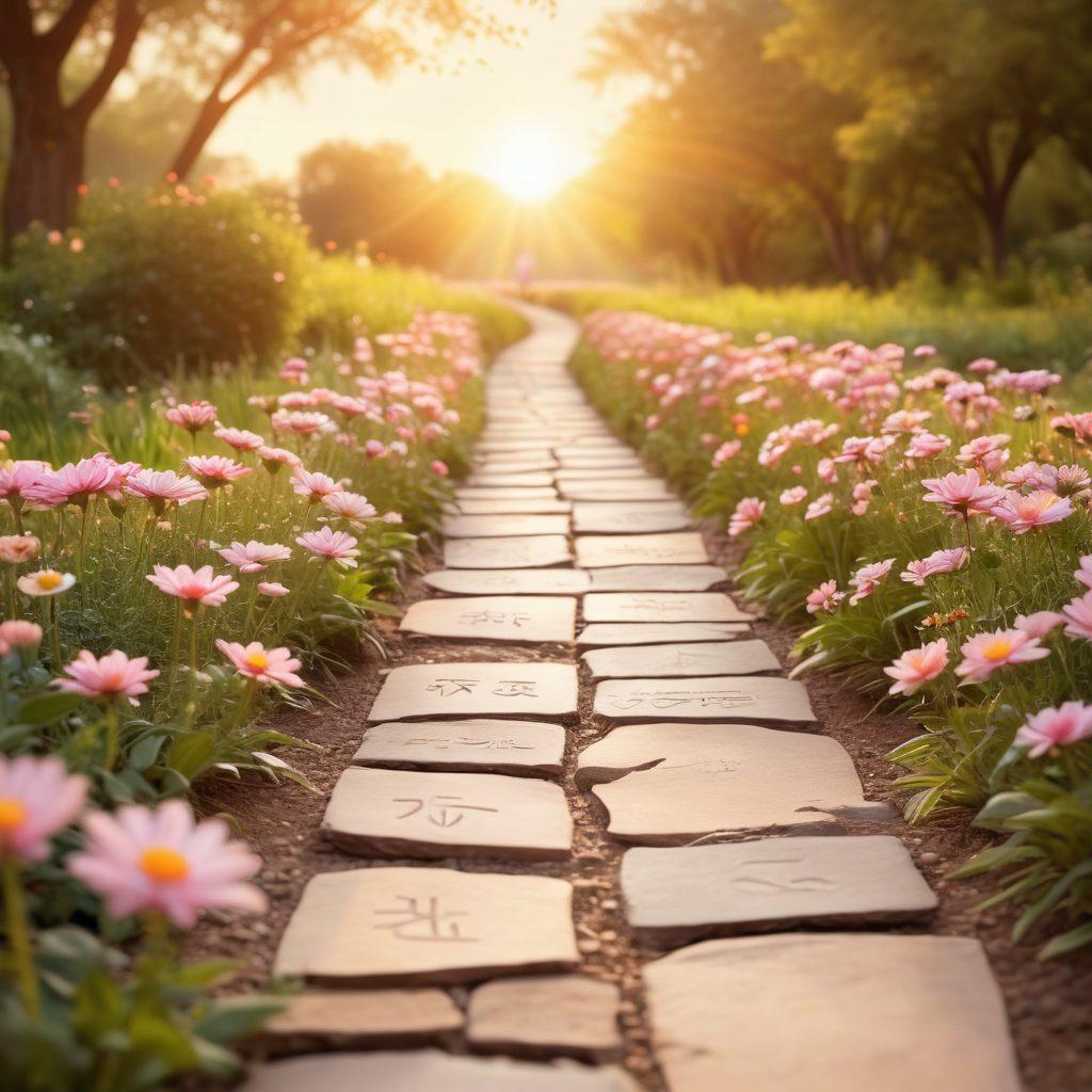 A serene pathway lined with blooming flowers, symbolizing hope and healing, leading towards a radiant sunrise that represents new beginnings in cancer treatment. Include supportive figures standing together, showcasing community and encouragement. Scatter educational books and wellness symbols along the path. soft-focus, warm colors. super-realistic.